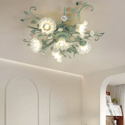Traditional Rustic Leaf Floral Branch Glass Ceramic Iron 1/4/5/6/9 Light Semi-Flush Mount Ceiling Light For Living Room