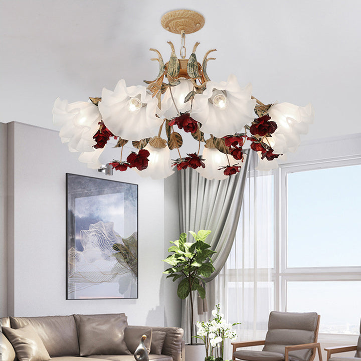 Traditionelle französische Rose Blume Blatt Glas Eisen 4/6/9 Licht Kronleuchter für Wohnzimmer 