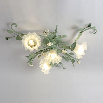 Traditional Rustic Leaf Floral Branch Glass Ceramic Iron 1/4/5/6/9 Light Semi-Flush Mount Ceiling Light For Living Room
