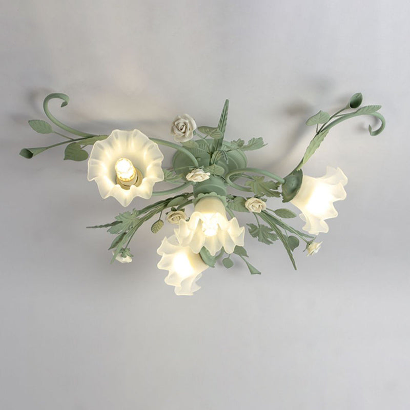 Traditional Rustic Leaf Floral Branch Glass Ceramic Iron 1/4/5/6/9 Light Semi-Flush Mount Ceiling Light For Living Room