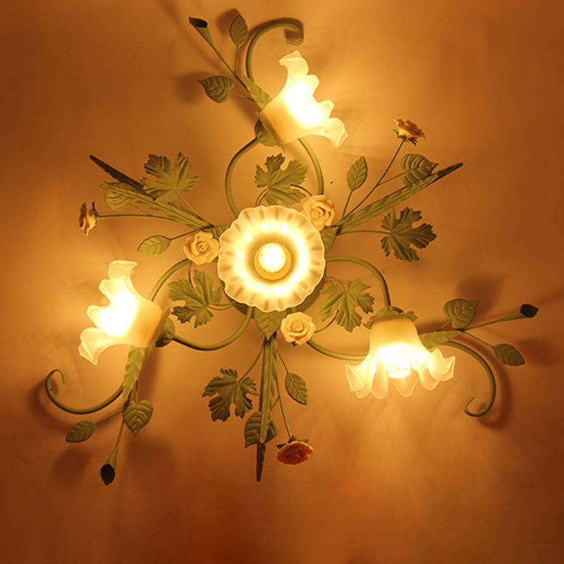 Traditional Rustic Leaf Floral Branch Glass Ceramic Iron 1/4/5/6/9 Light Semi-Flush Mount Ceiling Light For Living Room