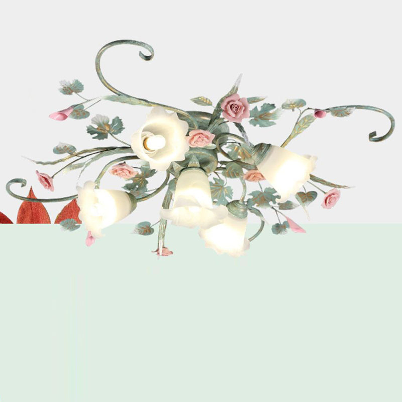 Traditional Rustic Rose Bent Leaf Branch Glass Iron Ceramic 4/5 Light Semi-Flush Mount Ceiling Light For Living Room