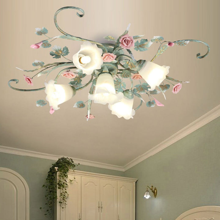 Traditional Rustic Rose Bent Leaf Branch Glass Iron Ceramic 4/5 Light Semi-Flush Mount Ceiling Light For Living Room