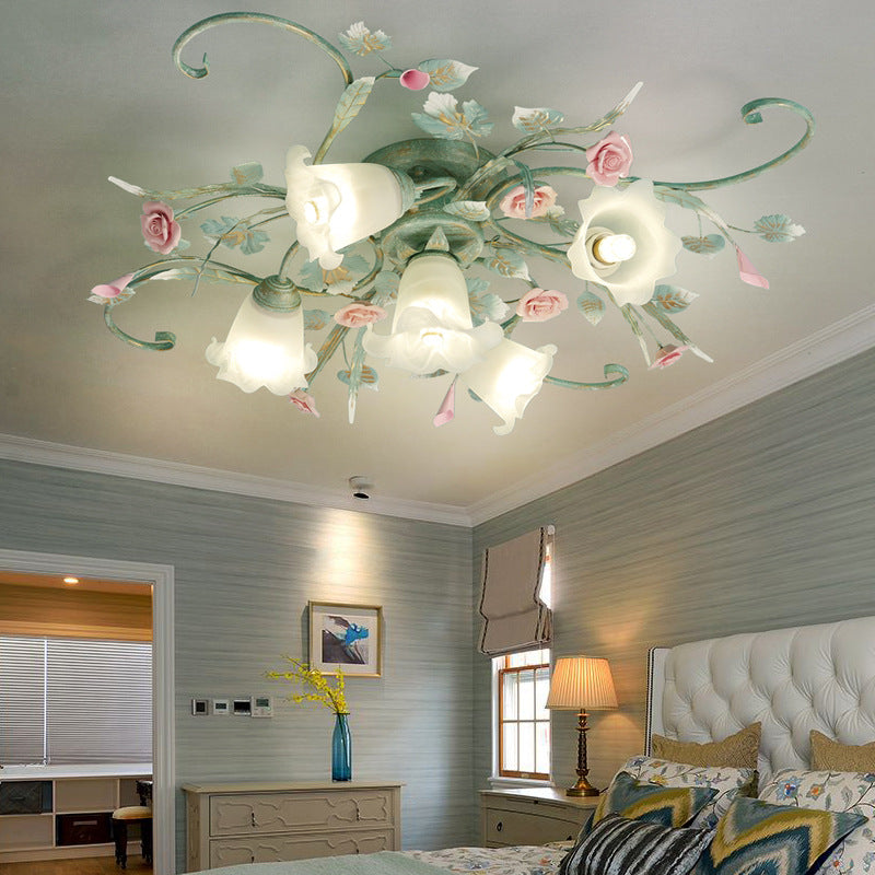 Traditional Rustic Rose Bent Leaf Branch Glass Iron Ceramic 4/5 Light Semi-Flush Mount Ceiling Light For Living Room