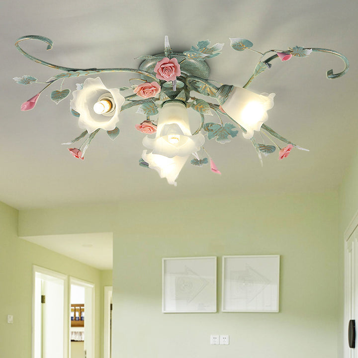 Traditional Rustic Rose Bent Leaf Branch Glass Iron Ceramic 4/5 Light Semi-Flush Mount Ceiling Light For Living Room