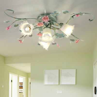 Traditional Rustic Rose Bent Leaf Branch Glass Iron Ceramic 4/5 Light Semi-Flush Mount Ceiling Light For Living Room