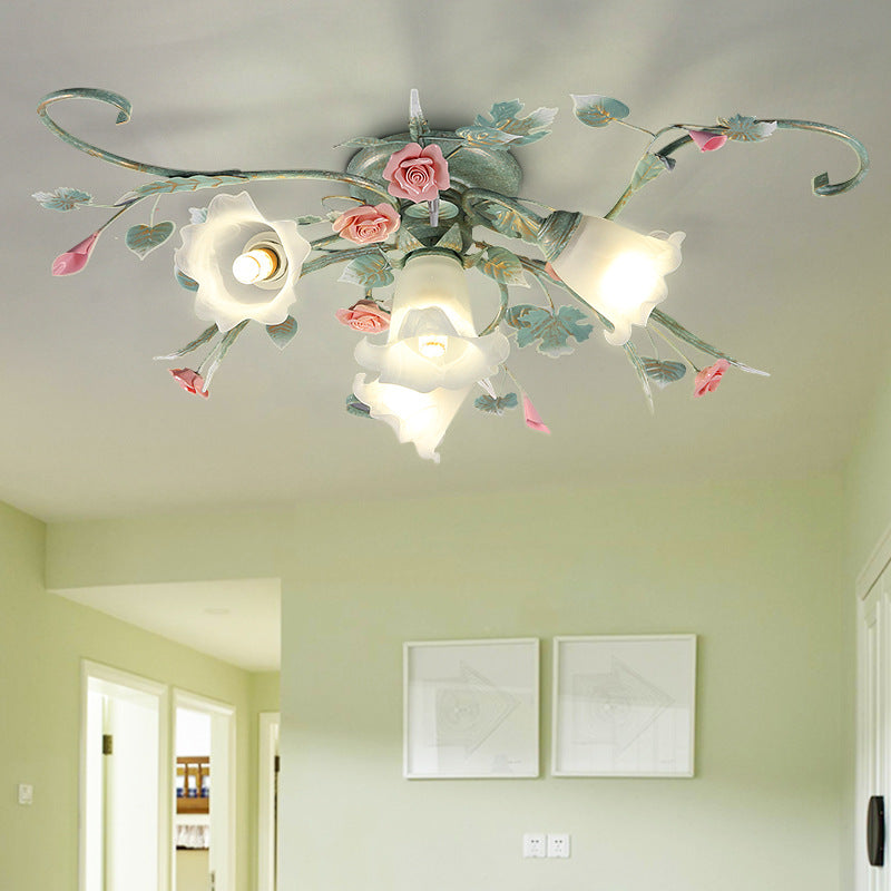 Traditional Rustic Rose Bent Leaf Branch Glass Iron Ceramic 4/5 Light Semi-Flush Mount Ceiling Light For Living Room