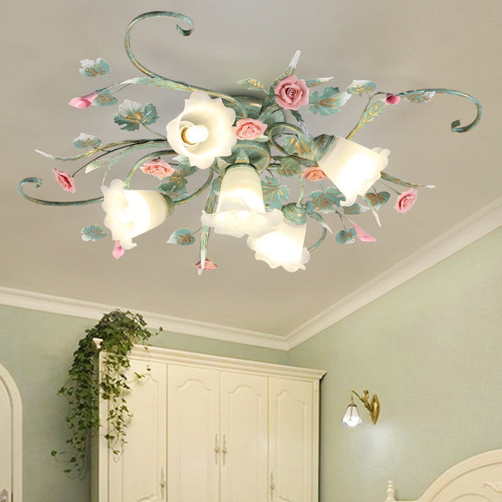 Traditional Rustic Rose Bent Leaf Branch Glass Iron Ceramic 4/5 Light Semi-Flush Mount Ceiling Light For Living Room