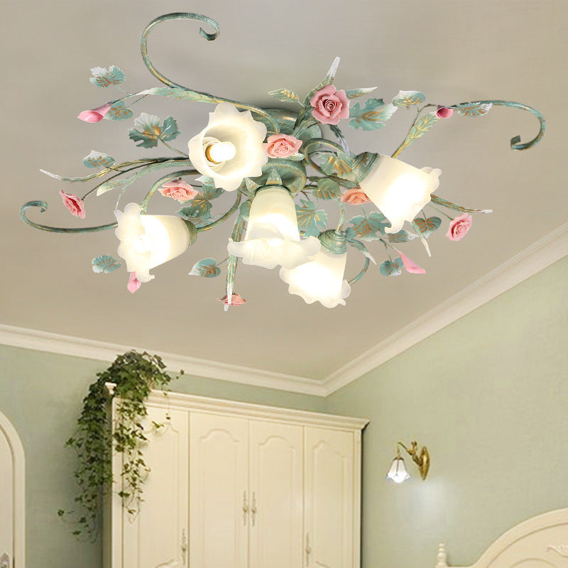 Traditional Rustic Rose Bent Leaf Branch Glass Iron Ceramic 4/5 Light Semi-Flush Mount Ceiling Light For Living Room