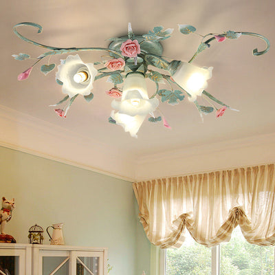 Traditional Rustic Rose Bent Leaf Branch Glass Iron Ceramic 4/5 Light Semi-Flush Mount Ceiling Light For Living Room