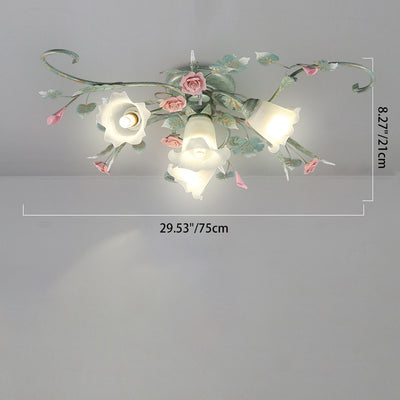 Traditional Rustic Rose Bent Leaf Branch Glass Iron Ceramic 4/5 Light Semi-Flush Mount Ceiling Light For Living Room