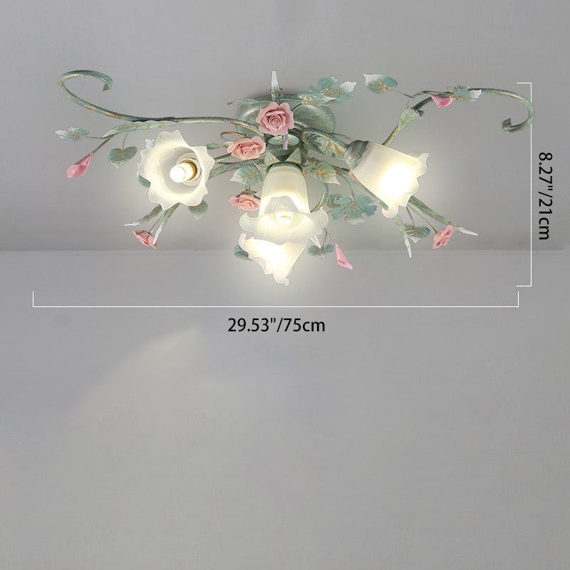 Traditional Rustic Rose Bent Leaf Branch Glass Iron Ceramic 4/5 Light Semi-Flush Mount Ceiling Light For Living Room