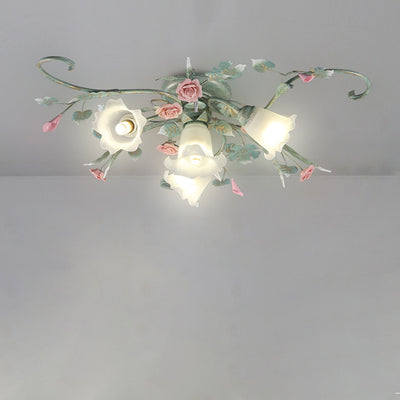 Traditional Rustic Rose Bent Leaf Branch Glass Iron Ceramic 4/5 Light Semi-Flush Mount Ceiling Light For Living Room