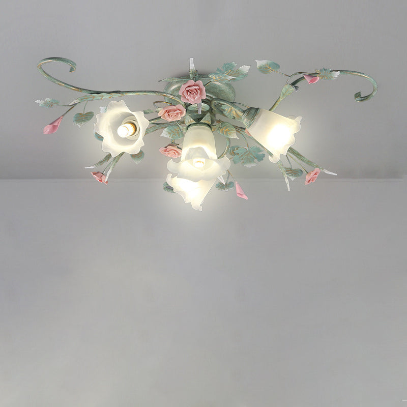 Traditional Rustic Rose Bent Leaf Branch Glass Iron Ceramic 4/5 Light Semi-Flush Mount Ceiling Light For Living Room