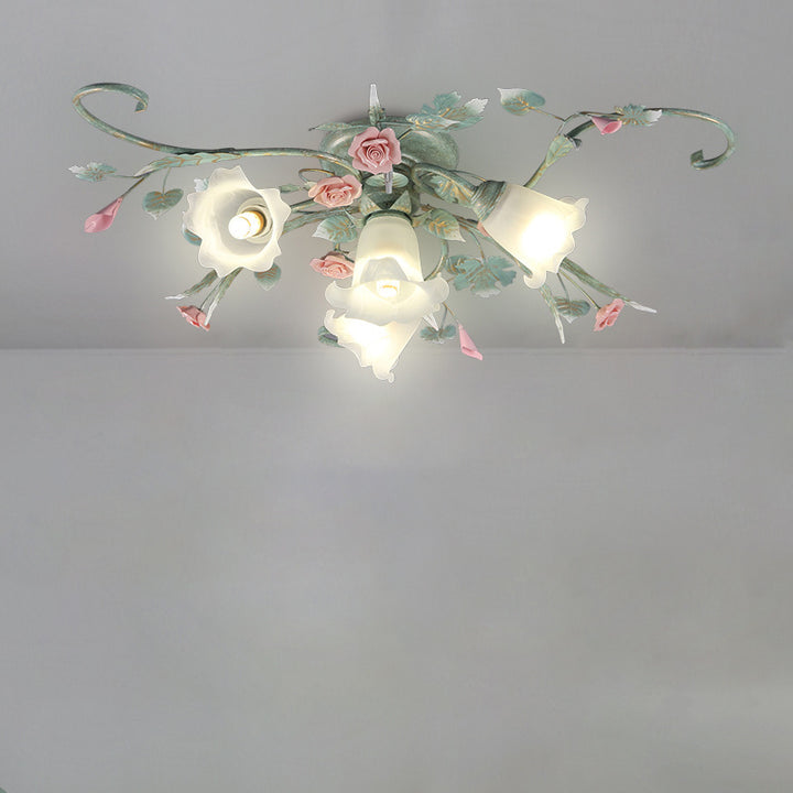 Traditional Rustic Rose Bent Leaf Branch Glass Iron Ceramic 4/5 Light Semi-Flush Mount Ceiling Light For Living Room