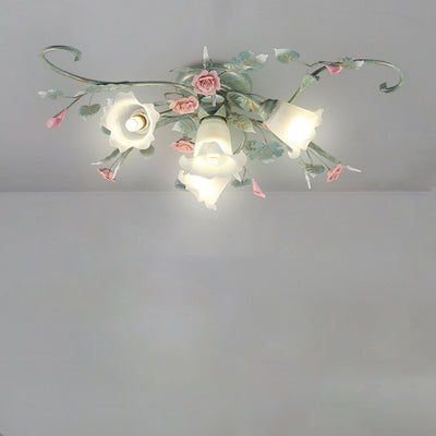 Traditional Rustic Rose Bent Leaf Branch Glass Iron Ceramic 4/5 Light Semi-Flush Mount Ceiling Light For Living Room