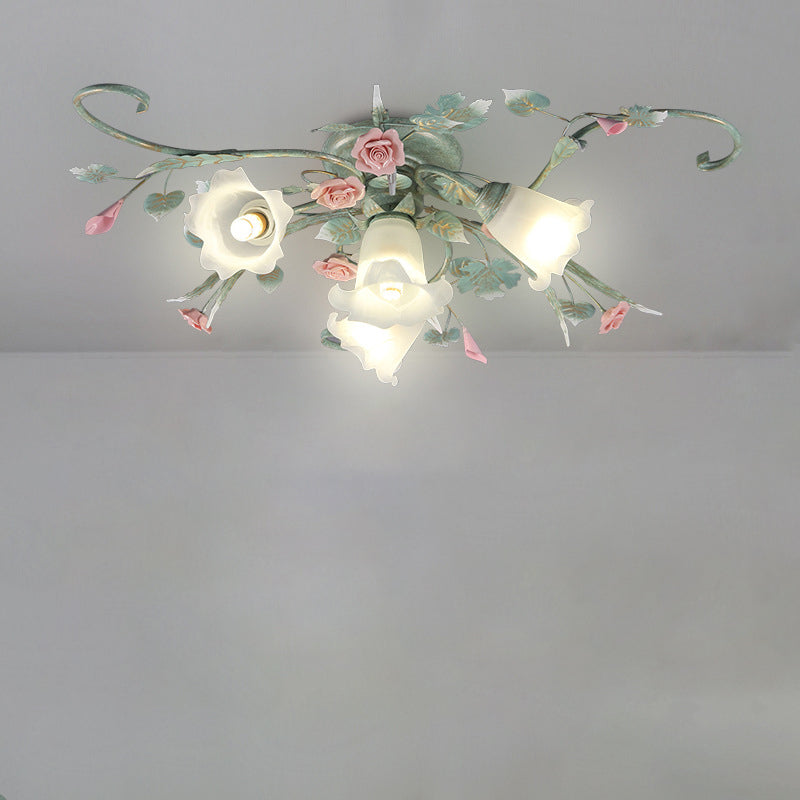Traditional Rustic Rose Bent Leaf Branch Glass Iron Ceramic 4/5 Light Semi-Flush Mount Ceiling Light For Living Room