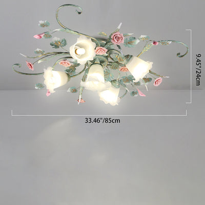Traditional Rustic Rose Bent Leaf Branch Glass Iron Ceramic 4/5 Light Semi-Flush Mount Ceiling Light For Living Room