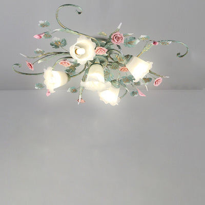 Traditional Rustic Rose Bent Leaf Branch Glass Iron Ceramic 4/5 Light Semi-Flush Mount Ceiling Light For Living Room