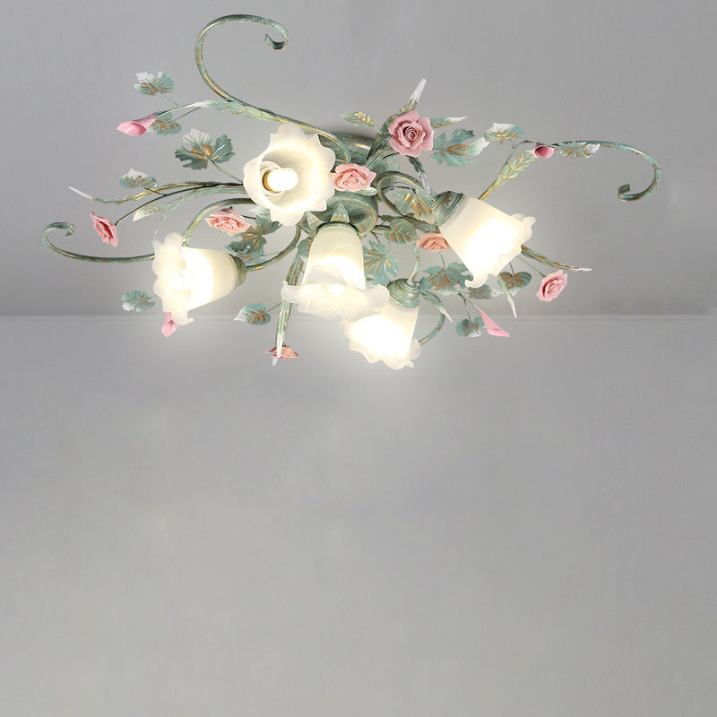 Traditional Rustic Rose Bent Leaf Branch Glass Iron Ceramic 4/5 Light Semi-Flush Mount Ceiling Light For Living Room
