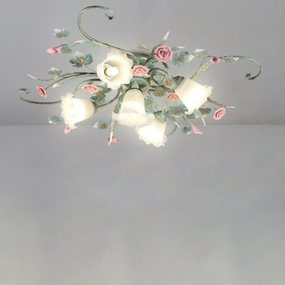 Traditional Rustic Rose Bent Leaf Branch Glass Iron Ceramic 4/5 Light Semi-Flush Mount Ceiling Light For Living Room