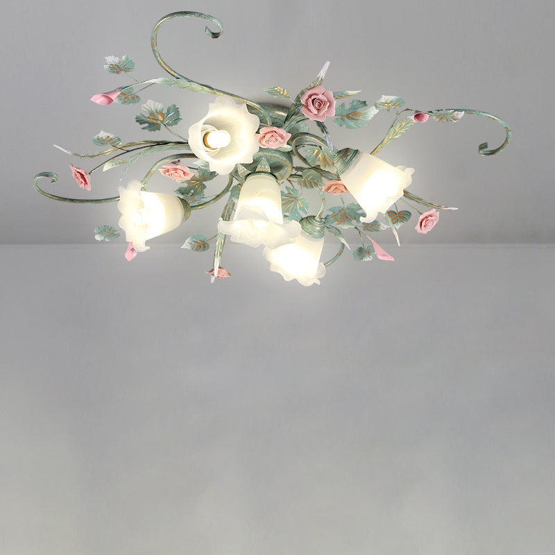 Traditional Rustic Rose Bent Leaf Branch Glass Iron Ceramic 4/5 Light Semi-Flush Mount Ceiling Light For Living Room