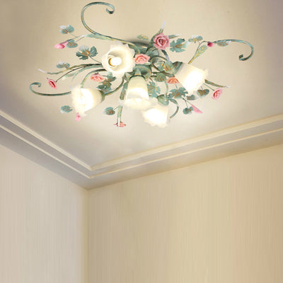Traditional Rustic Rose Bent Leaf Branch Glass Iron Ceramic 4/5 Light Semi-Flush Mount Ceiling Light For Living Room