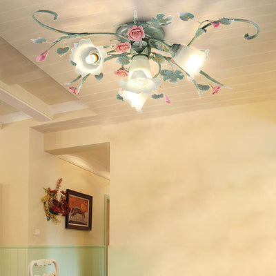Traditional Rustic Rose Bent Leaf Branch Glass Iron Ceramic 4/5 Light Semi-Flush Mount Ceiling Light For Living Room