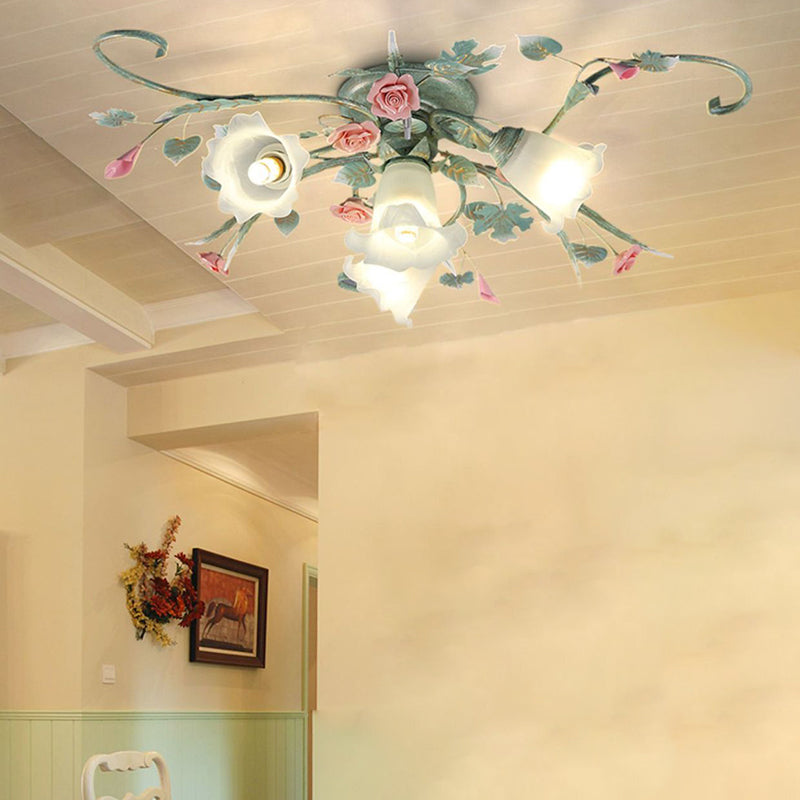 Traditional Rustic Rose Bent Leaf Branch Glass Iron Ceramic 4/5 Light Semi-Flush Mount Ceiling Light For Living Room