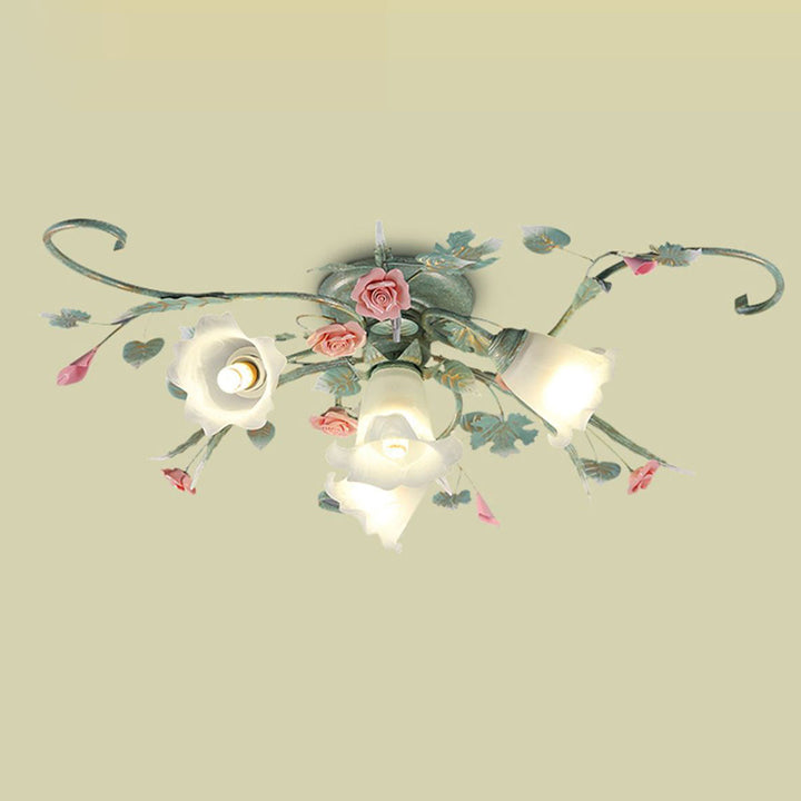 Traditional Rustic Rose Bent Leaf Branch Glass Iron Ceramic 4/5 Light Semi-Flush Mount Ceiling Light For Living Room