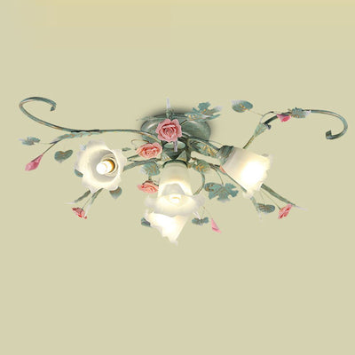 Traditional Rustic Rose Bent Leaf Branch Glass Iron Ceramic 4/5 Light Semi-Flush Mount Ceiling Light For Living Room