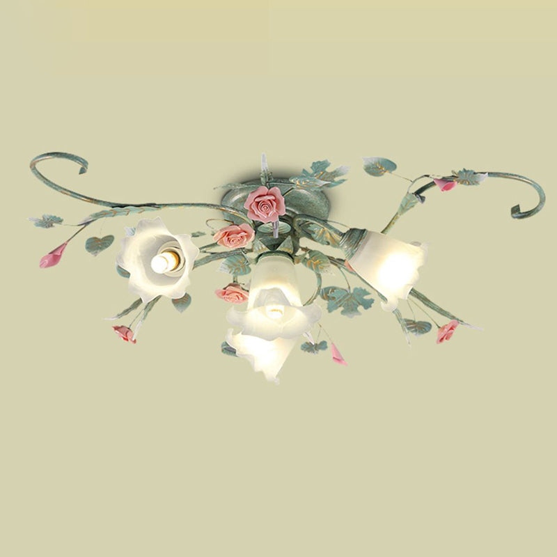 Traditional Rustic Rose Bent Leaf Branch Glass Iron Ceramic 4/5 Light Semi-Flush Mount Ceiling Light For Living Room