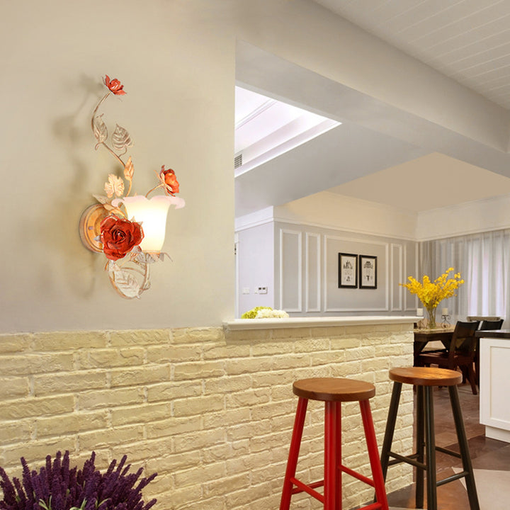 Lámpara de Aplique de Pared de 1 Luz de Hierro con Vidrio Redondo de Hoja de Rosa Rústica Tradicional para Dormitorio 