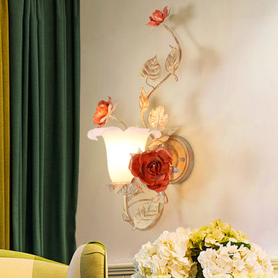 Traditional Rustic Rose Leaf Round Glass Iron 1-Light Wall Sconce Lamp For Bedroom