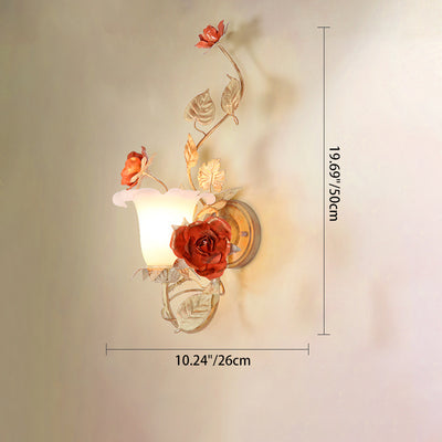 Traditional Rustic Rose Leaf Round Glass Iron 1-Light Wall Sconce Lamp For Bedroom