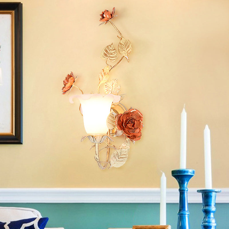 Traditional Rustic Rose Leaf Round Glass Iron 1-Light Wall Sconce Lamp For Bedroom