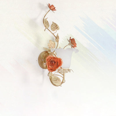 Traditional Rustic Rose Leaf Round Glass Iron 1-Light Wall Sconce Lamp For Bedroom