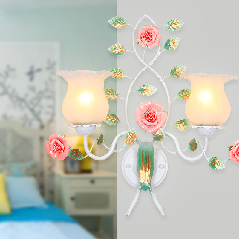 Traditional Rustic Floral Leaf Round Glass Ceramic Iron 1/2 Light Wall Sconce Lamp For Living Room