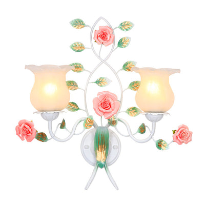 Traditional Rustic Floral Leaf Round Glass Ceramic Iron 1/2 Light Wall Sconce Lamp For Living Room