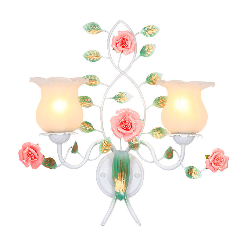Traditional Rustic Floral Leaf Round Glass Ceramic Iron 1/2 Light Wall Sconce Lamp For Living Room