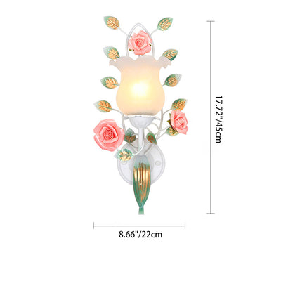 Traditional Rustic Floral Leaf Round Glass Ceramic Iron 1/2 Light Wall Sconce Lamp For Living Room