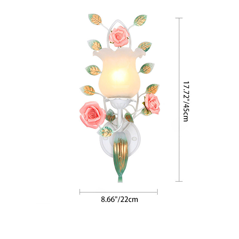 Traditional Rustic Floral Leaf Round Glass Ceramic Iron 1/2 Light Wall Sconce Lamp For Living Room