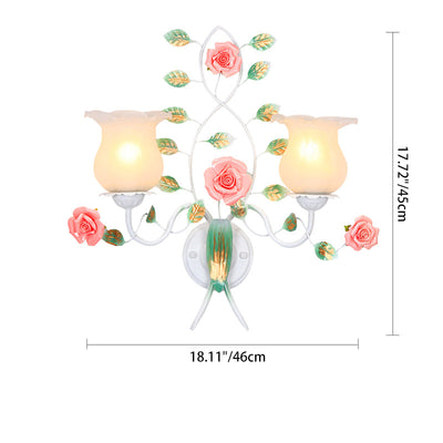 Traditional Rustic Floral Leaf Round Glass Ceramic Iron 1/2 Light Wall Sconce Lamp For Living Room