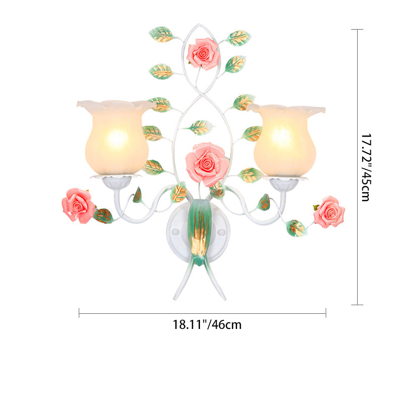 Traditional Rustic Floral Leaf Round Glass Ceramic Iron 1/2 Light Wall Sconce Lamp For Living Room