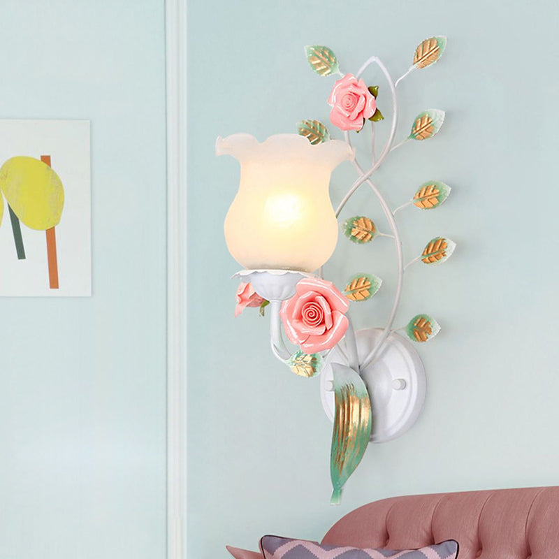 Traditional Rustic Floral Leaf Round Glass Ceramic Iron 1/2 Light Wall Sconce Lamp For Living Room