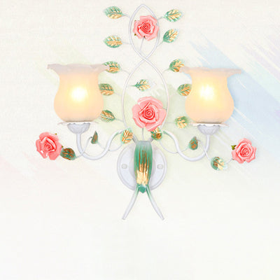 Traditional Rustic Floral Leaf Round Glass Ceramic Iron 1/2 Light Wall Sconce Lamp For Living Room
