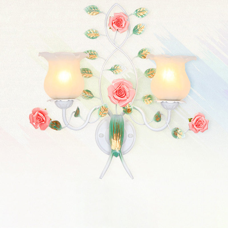 Traditional Rustic Floral Leaf Round Glass Ceramic Iron 1/2 Light Wall Sconce Lamp For Living Room
