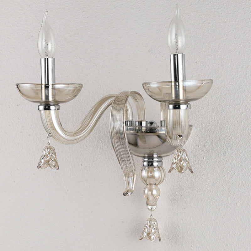 Contemporary Scandinavian Curved Leaf Round Glass Crystal Hardware 1/2 Light Wall Sconce Lamp For Bedroom