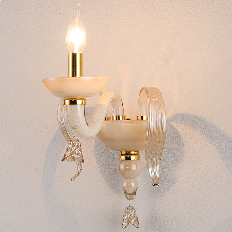 Contemporary Scandinavian Curved Leaf Round Glass Crystal Hardware 1/2 Light Wall Sconce Lamp For Bedroom