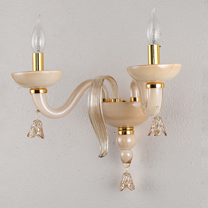 Contemporary Scandinavian Curved Leaf Round Glass Crystal Hardware 1/2 Light Wall Sconce Lamp For Bedroom